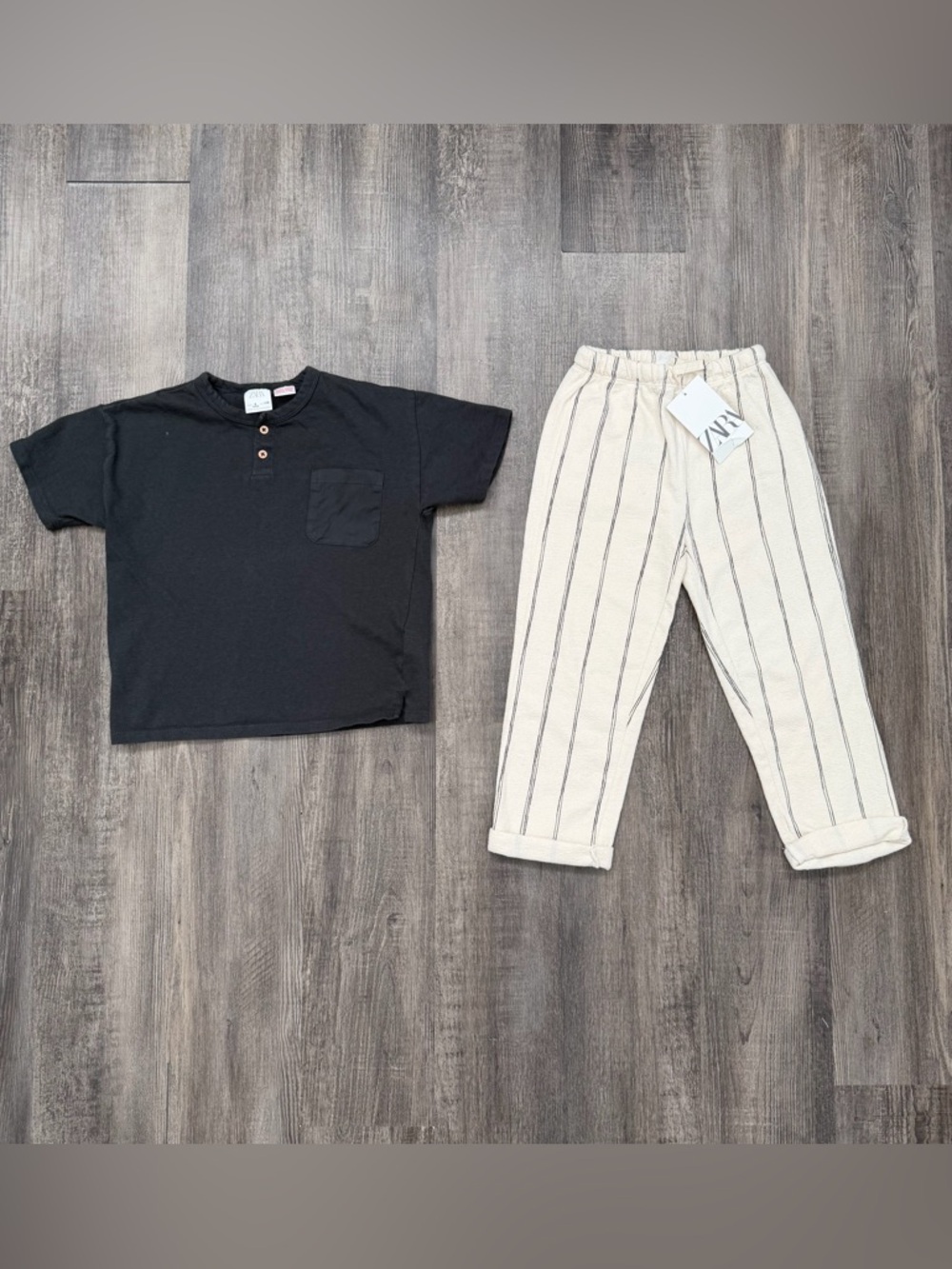 Zara Black Henley Tee & Cream Striped Elastic-Waist Pants